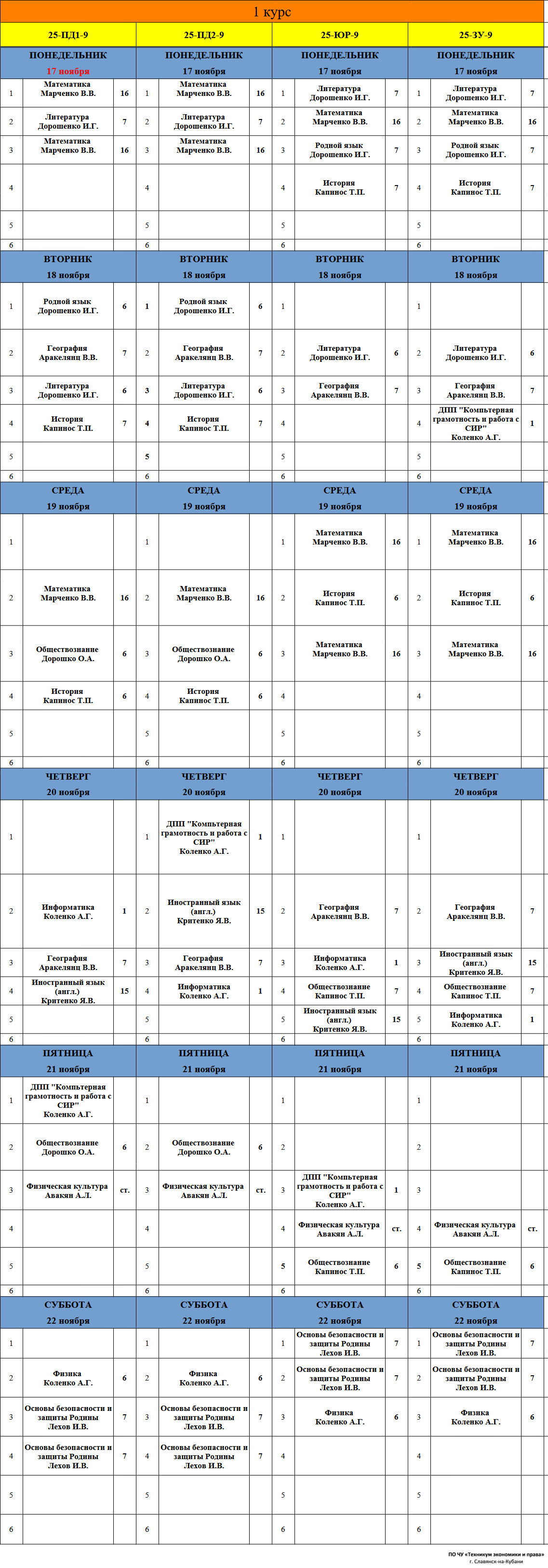 Расписание учебных занятий